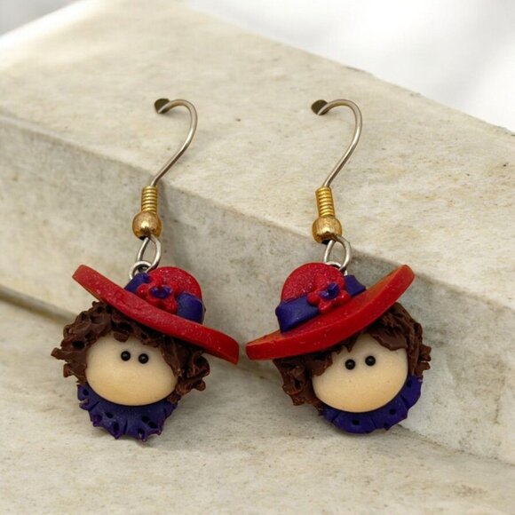 Jewelry - Red Hat Society Dangle Earrings Vintage Lady Head Polymer Clay